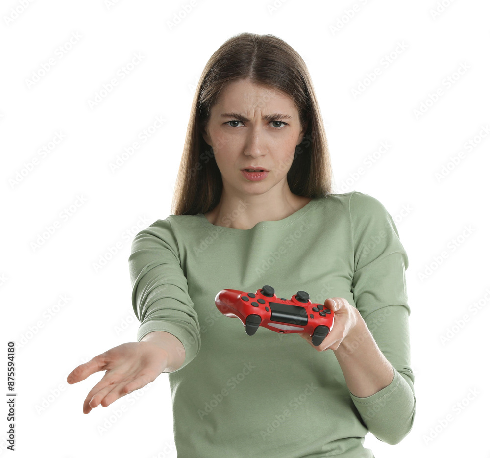 Unhappy woman with controller on white background Unhappy woman with controller on white background