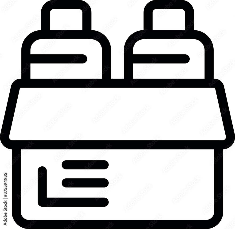 Line icon of a cardboard box containing two spray bottles, ideal for representing concepts like shipping and delivery of cleaning products Line icon of a cardboard box containing two spray bottles, ideal for representing concepts like shipping and delivery of cleaning products