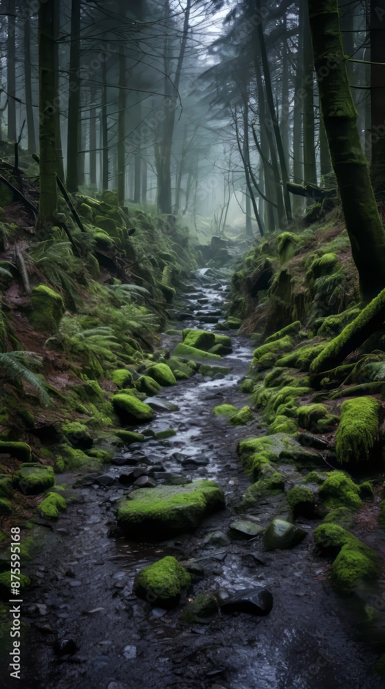 Fototapeta premium a stream running through a forest with mossy rocks