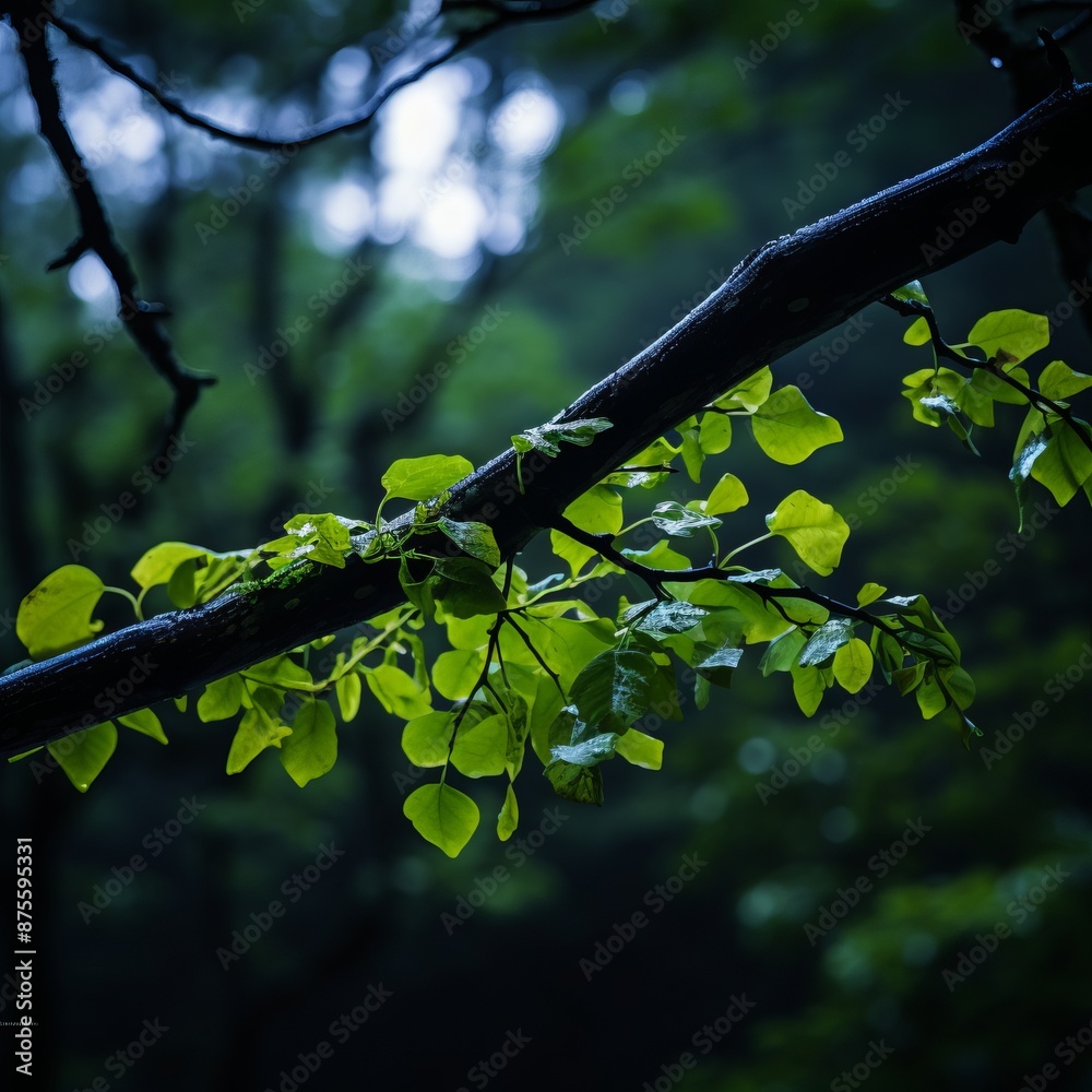 Fototapeta premium a tree branch with green leaves hanging from it