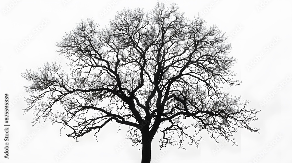 Details dried black leafless tree branches of big tree silhouette on white sky background,isolated. Details dried black leafless tree branches of big tree silhouette on white sky background,isolated.