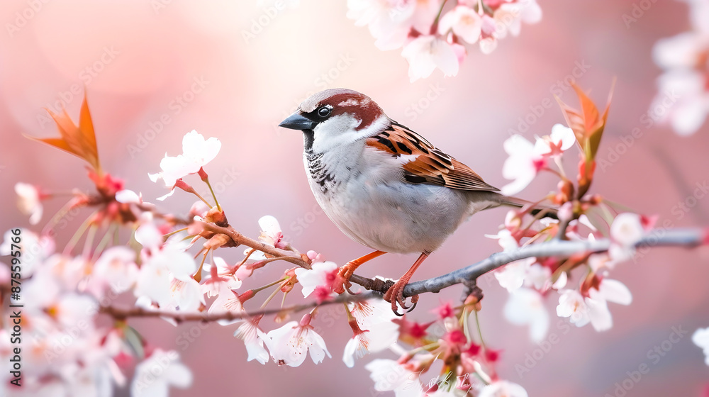 Close up of a cute and fluffy sparrow bird perched on a delicate cherry blossom tree branch during the warm spring season The sparrow is surrounded by vibrant pink flower petals and budding foliage Close up of a cute and fluffy sparrow bird perched on a delicate cherry blossom tree branch during the warm spring season The sparrow is surrounded by vibrant pink flower petals and budding foliage