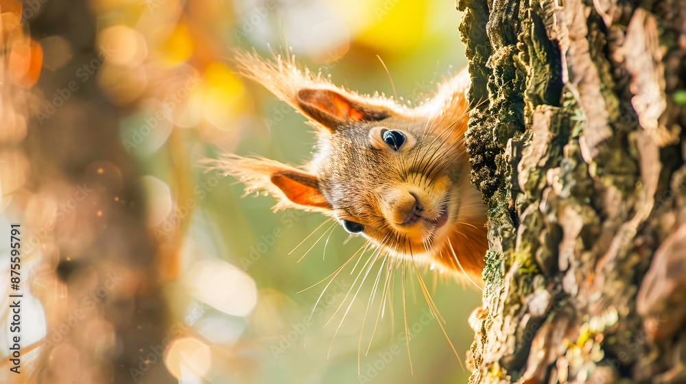 Closeup of a surprised and cautious squirrel curiously peeking around the corner of a tree trunk in an autumn forest