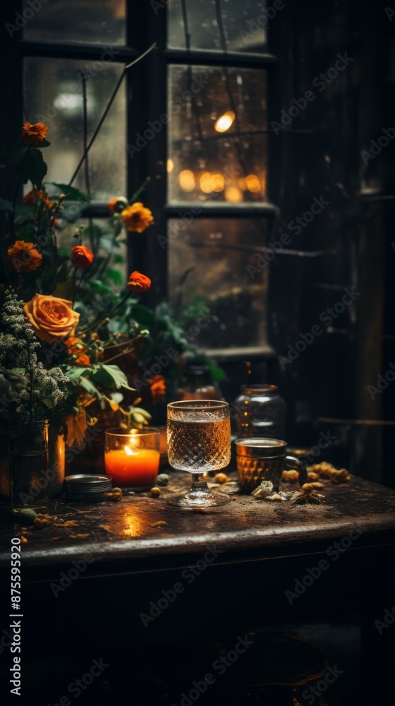 a vase of flowers and candles sit on a table in front of a window a vase of flowers and candles sit on a table in front of a window