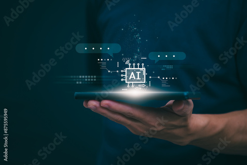 The person showing AI technology that connects information to various systems, concepts, management, digital transformation Internet of Things, Big Data and Business Processes, Automated Operations