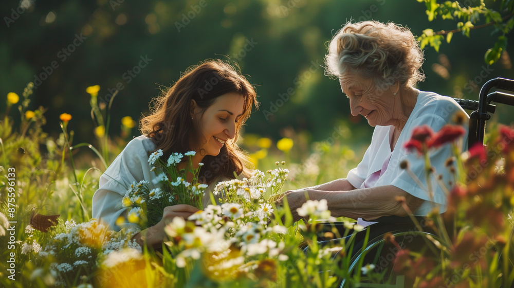 Female caregiver and senior woman in wheelchair picking flowers Female caregiver and senior woman in wheelchair picking flowers