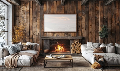 Rustic living room with a blank canvas above the fireplace
