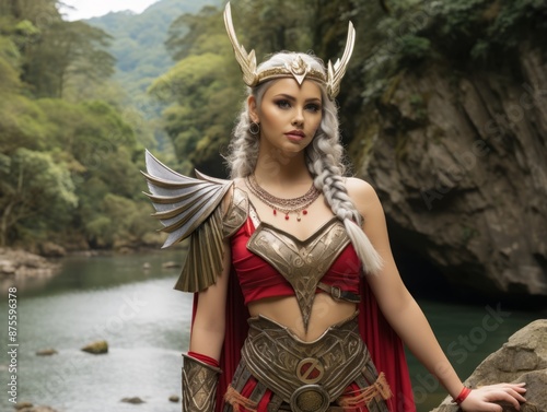 a woman dressed as thor standing on a rock by a river