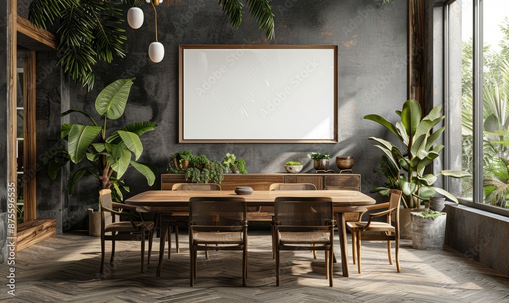 Elegant dining room with a blank frame on the sideboard Elegant dining room with a blank frame on the sideboard