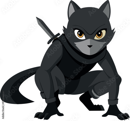Cartoon Ninja Cat Character In Crouching Position