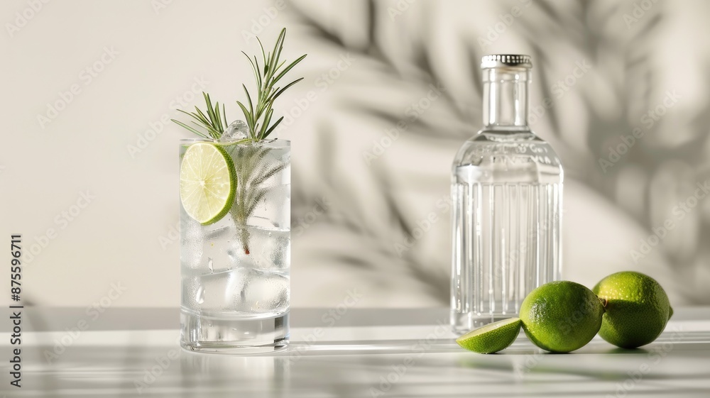 Refreshing lime and rosemary beverage with ice in glass Refreshing lime and rosemary beverage with ice in glass
