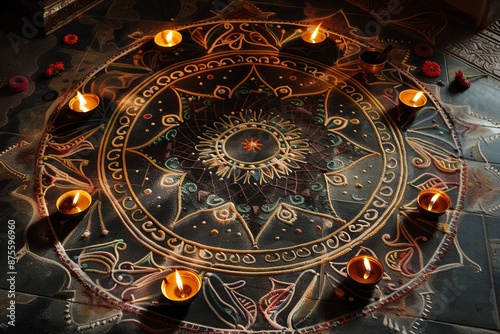 Rangoli made of colored powders, with diya lamps