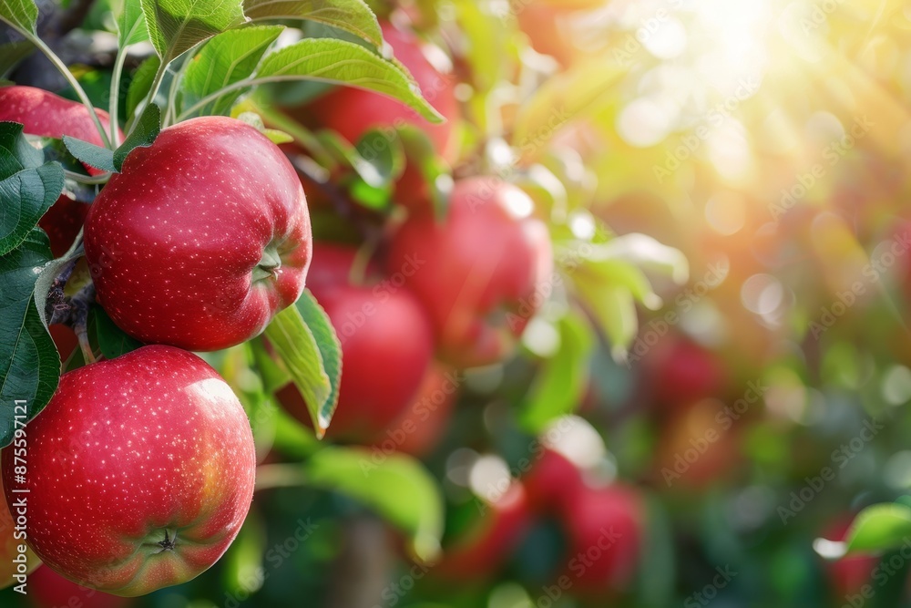 Ripe red apples ready for harvest in orchard, selective focus for optimal search relevance Ripe red apples ready for harvest in orchard, selective focus for optimal search relevance