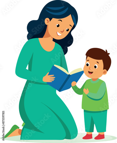 Mother Reading Book to Happy Child Illustration