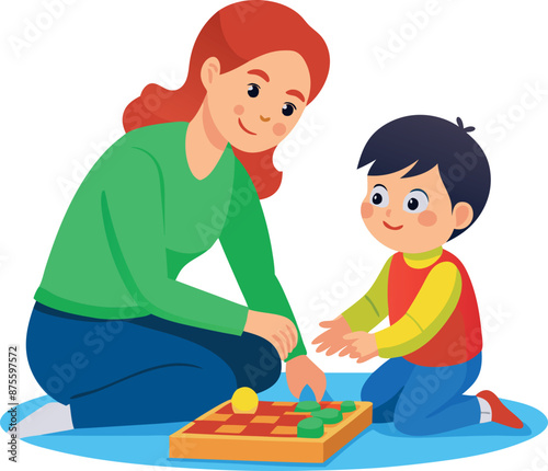 Mother and Son Playing Board Game on Floor
