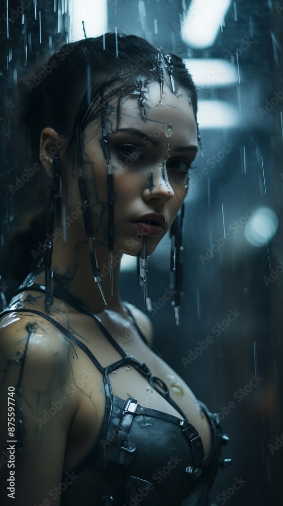 a woman in a black dress with chains around her neck in the rain a woman in a black dress with chains around her neck in the rain