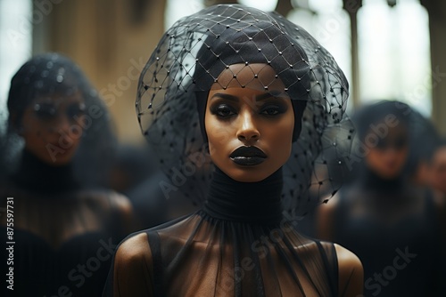 a woman in a black dress with a veil on her head