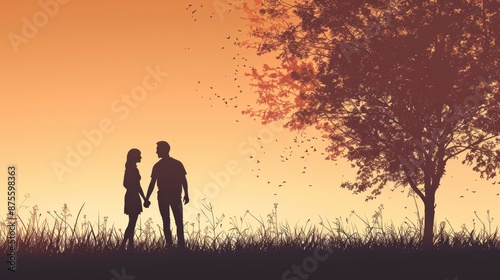 Romantic Couple Silhouette Against a Beautiful Sunset Skyline © hisilly