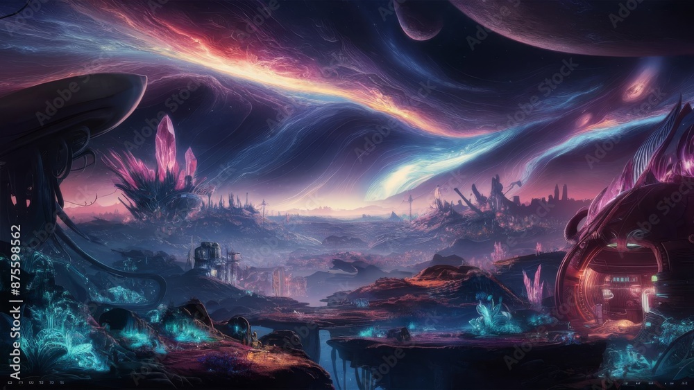 © riko2022 - a fantastical alien landscape with a seamless space background, incorporating distinct layers to enhance the design for a game application © riko2022 - a fantastical alien landscape with a seamless space background, incorporating distinct layers to enhance the design for a game application
