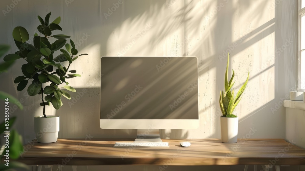 Minimalist wooden computer desk in living room. Minimalist wooden computer desk in living room.