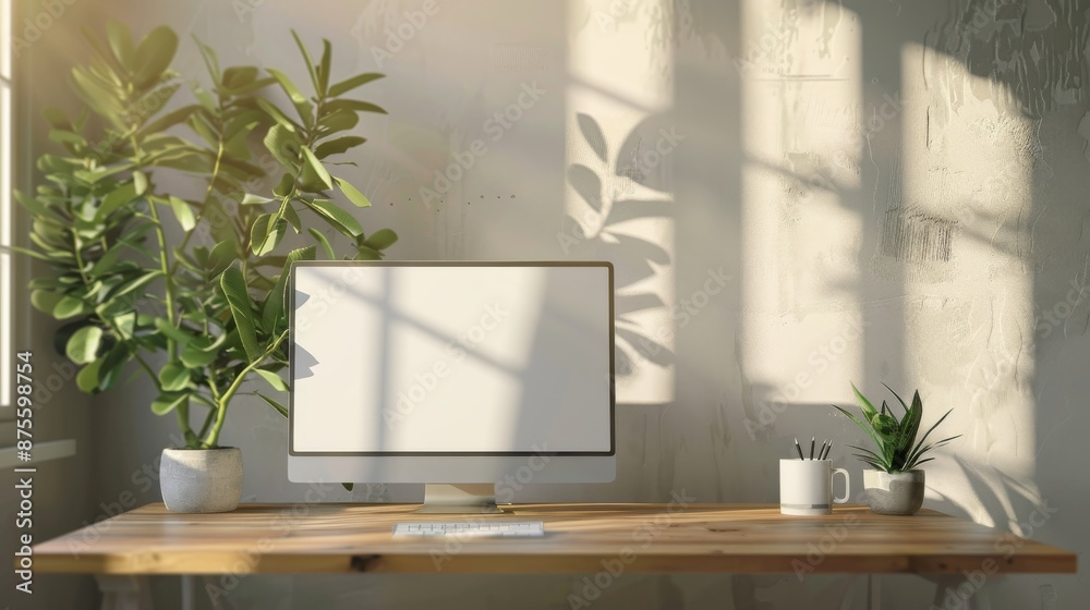 Fototapeta premium A cozy and minimalist home office setup featuring a wooden desk with a computer in the living room. Perfect for remote work or studying.