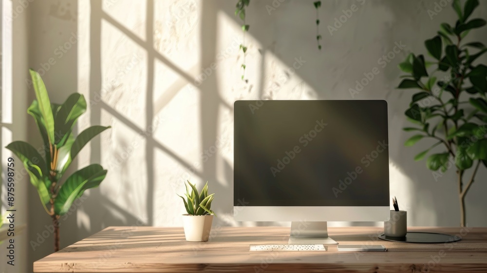 Fototapeta premium Minimalist wooden computer desk in living room.