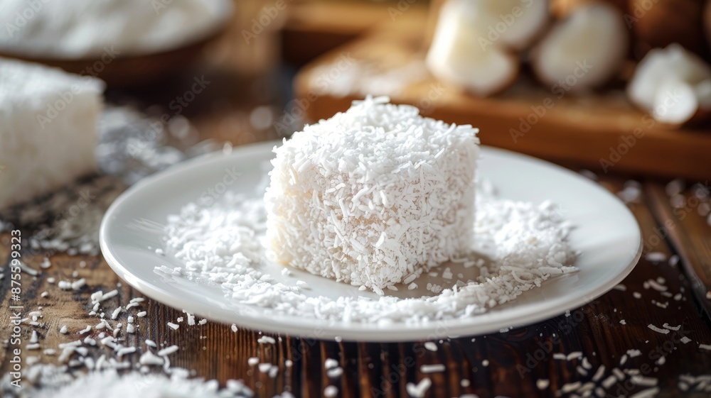 White, coconut-covered dessert, resembling marshmallows, on plate White, coconut-covered dessert, resembling marshmallows, on plate