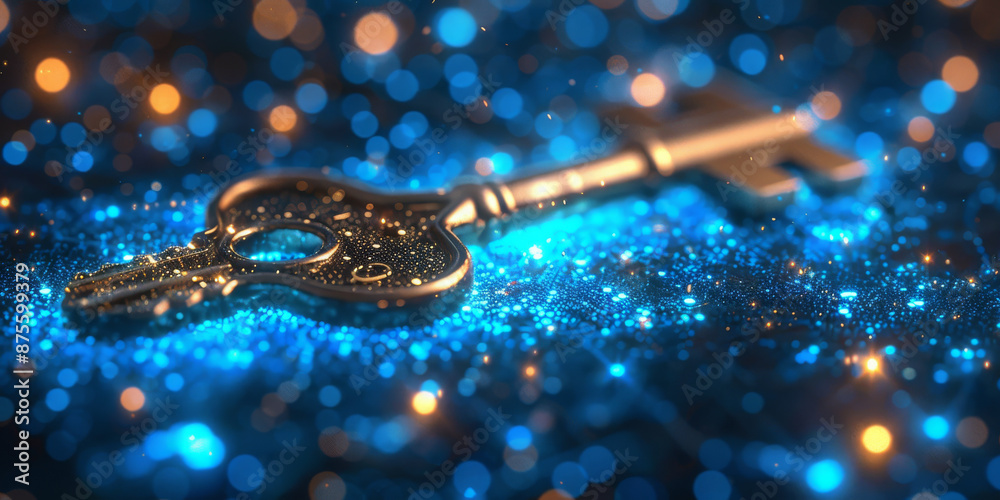 Key in blue technology background. Digital security and data protection concept.  