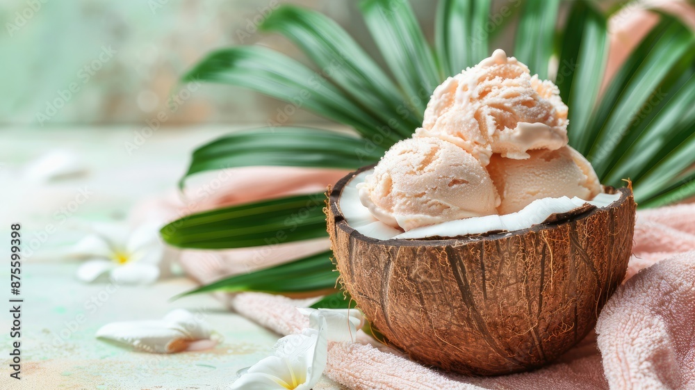Three scoops of ice cream in coconut shell Three scoops of ice cream in coconut shell