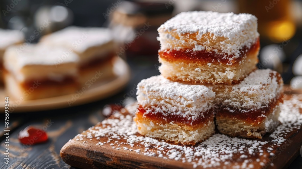 Fluffy layered pastries with fruit jam filling and powdered sugar
