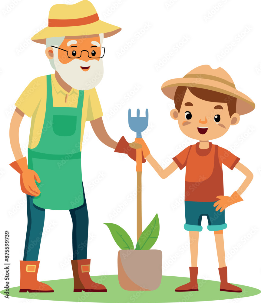 Grandfather and Grandson Gardening Together and Planting Tree Grandfather and Grandson Gardening Together and Planting Tree
