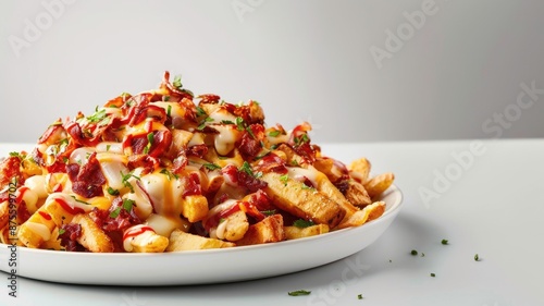 Crinkle-cut fries topped with melted cheese, bacon bits, and herbs photo