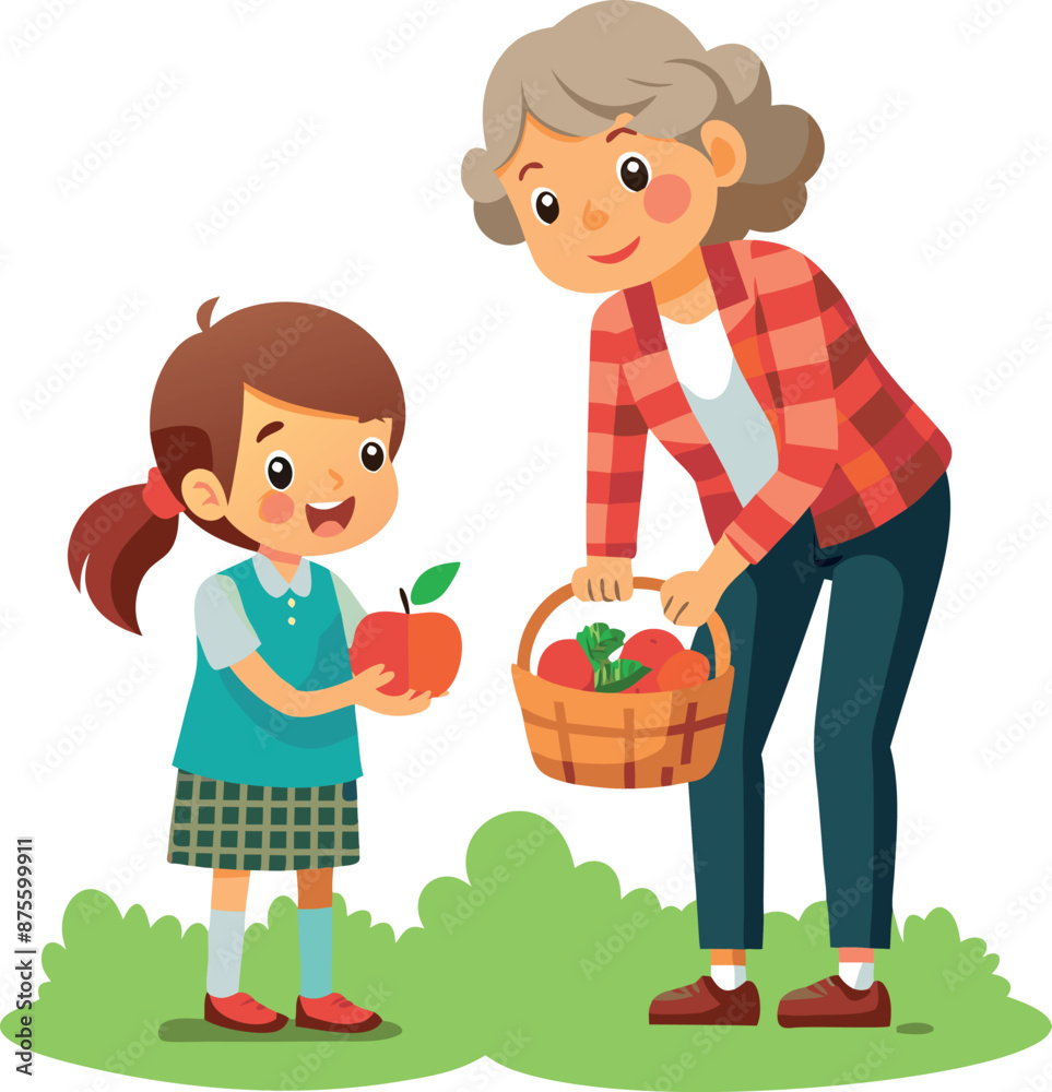 Grandmother and Granddaughter Picking Fresh Vegetables and Fruits Grandmother and Granddaughter Picking Fresh Vegetables and Fruits