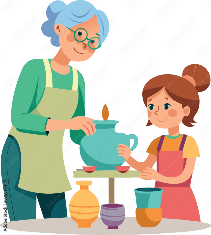 Grandmother and Granddaughter Bonding Over Pottery Craft Activity Grandmother and Granddaughter Bonding Over Pottery Craft Activity