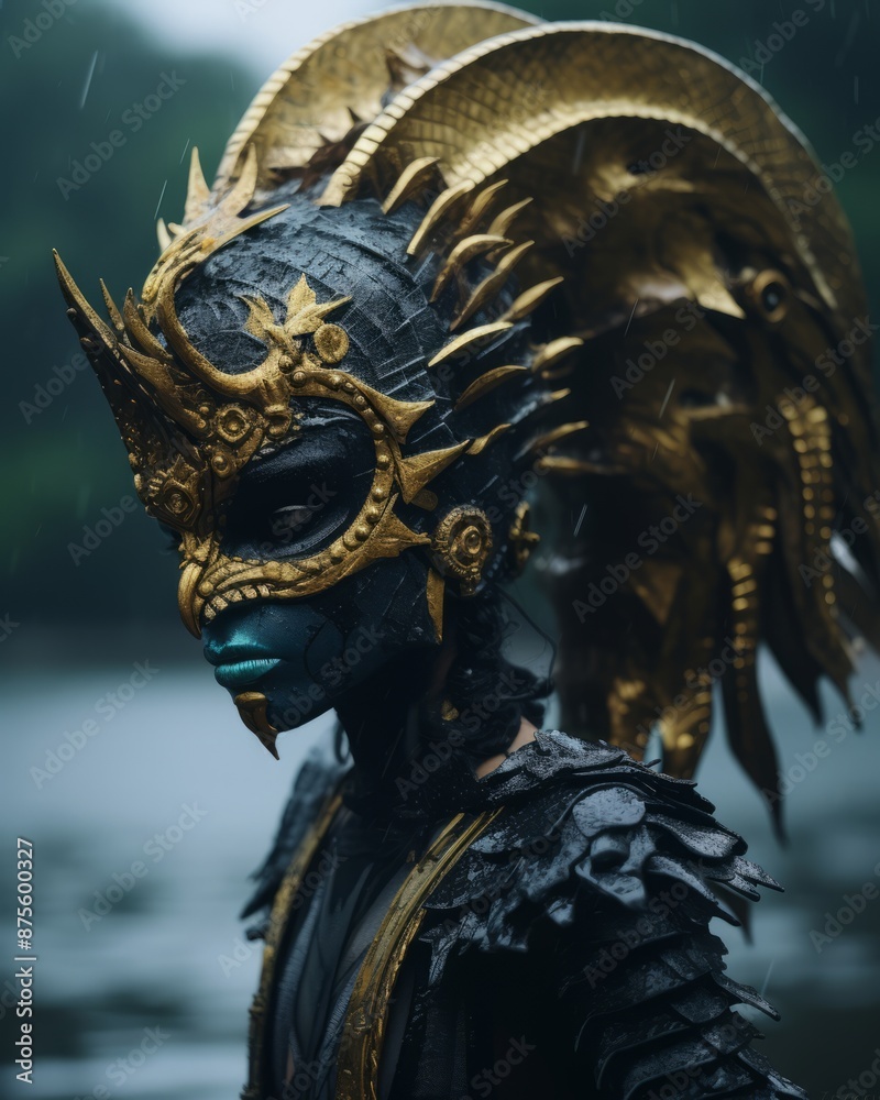 Fototapeta premium a woman in a gold and black mask standing in the water