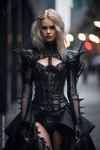 a woman in a gothic outfit standing on the street