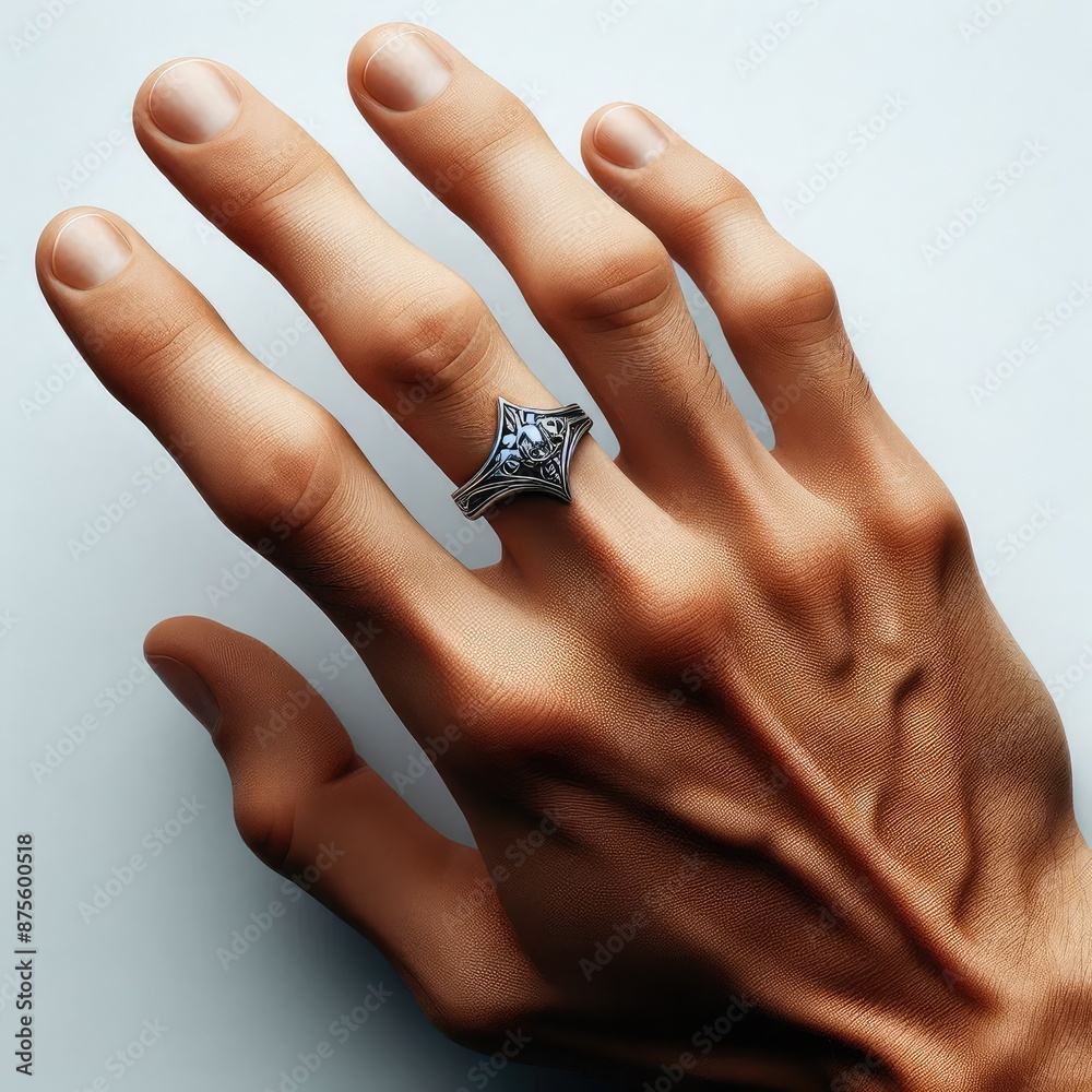 Close up of hand with silver ring isolated on white background Close up of hand with silver ring isolated on white background