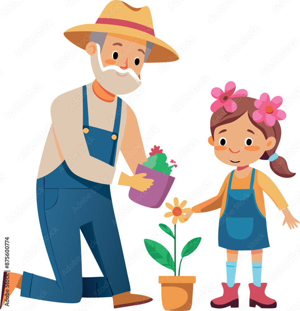 Grandfather and Granddaughter Gardening Together in the Yard Grandfather and Granddaughter Gardening Together in the Yard
