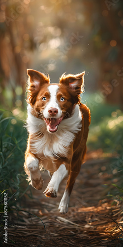 Cachorro Feliz Correndo na Alta Grama Verde photo