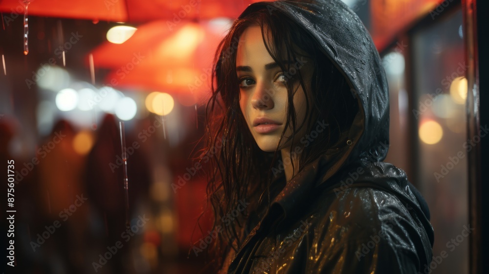 a woman in a rain jacket standing in the rain a woman in a rain jacket standing in the rain