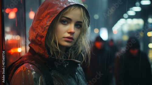 a woman in a rain jacket standing in the rain