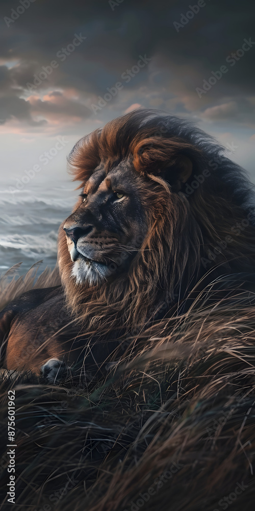 Naklejka premium Leão Majestoso Descansando na Grama