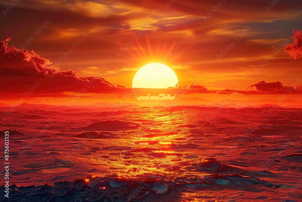 A beautiful sunset over the ocean with a large sun in the sky. The sky is filled with clouds and the water is calm A beautiful sunset over the ocean with a large sun in the sky. The sky is filled with clouds and the water is calm