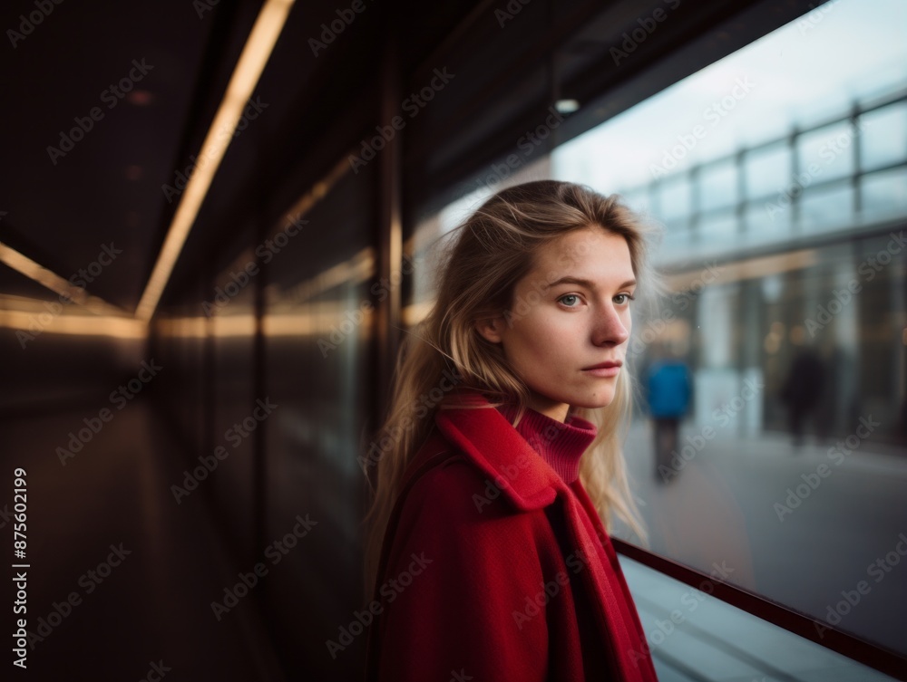 Obraz premium a woman in a red coat stands in front of a window