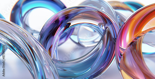 3D Render of Iridescent Glass Rings on White Background, Close Up