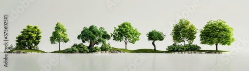 3D Rendering of Seven Trees on Islands Against a White Background photo