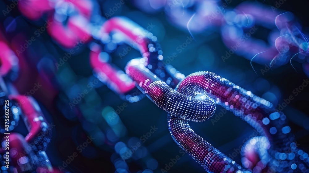 Abstract Digital Chain - Pixelated Link with Blue and Pink Glow Abstract Digital Chain - Pixelated Link with Blue and Pink Glow