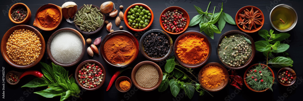 Vibrant Array of Spices and Herbs in White Bowls on Dark Gray Background with Cooking Utensils and Natural Ingredients