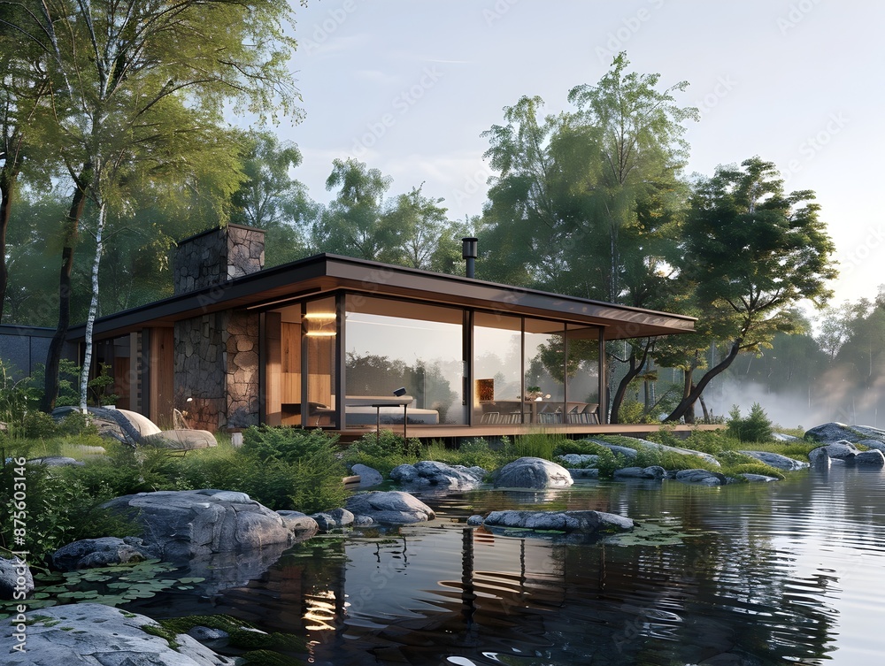 Tranquil Nordic Cabin Overlooking Serene Lake in Pastoral Landscape Tranquil Nordic Cabin Overlooking Serene Lake in Pastoral Landscape