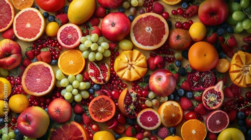 A mix of different fresh fruits creating a colorful and vibrant background © Nijat